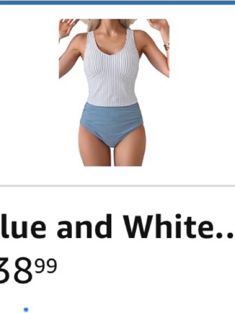 Striped White & Navy Tank One-Piece Swimsuit with Dusty Blue High-Waist Bottoms - Picture 2 of 3